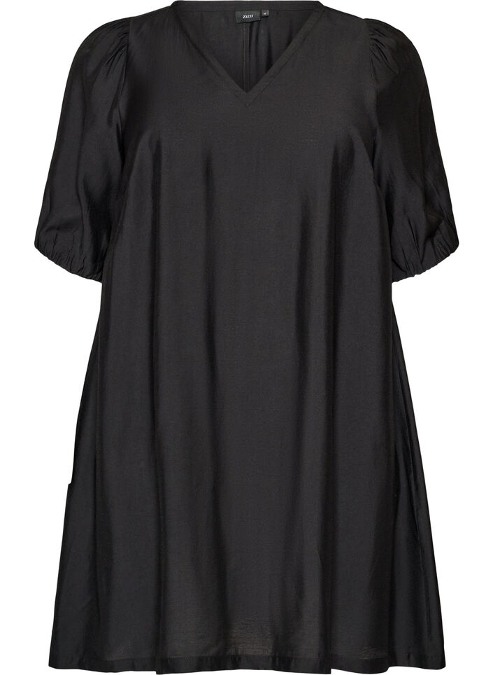 Robe courte coupe &eacute;vas&eacute;e avec col en V, Noir, Packshot image number 0
