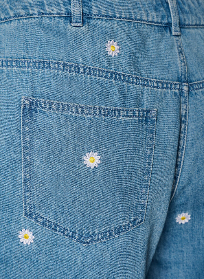 Short en jean taille haute avec broderies florales, Bleu Clair, Packshot image number 3