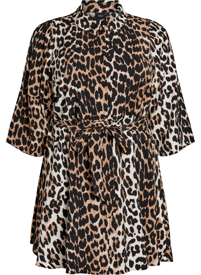 Tunique &agrave; motifs avec une ceinture &agrave; nouer et des manches 3/4, Marron, Packshot image number 0