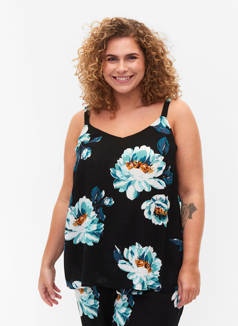 Top sans manches en viscose, Black Big Flower, Model image number 0