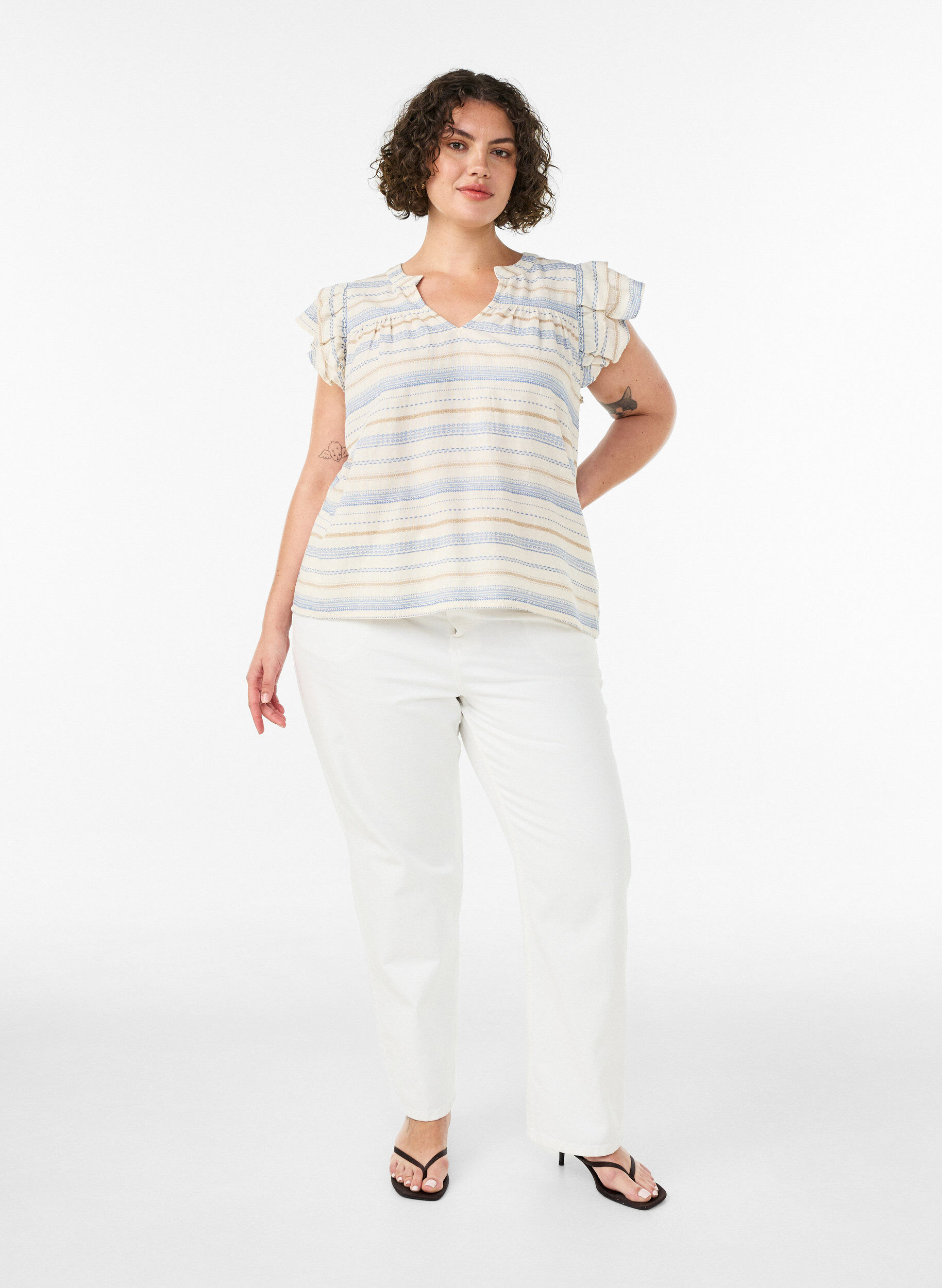 ZizziBlouse sans manches avec volants et rayures &agrave; motifs, Vanille, Model image number 1