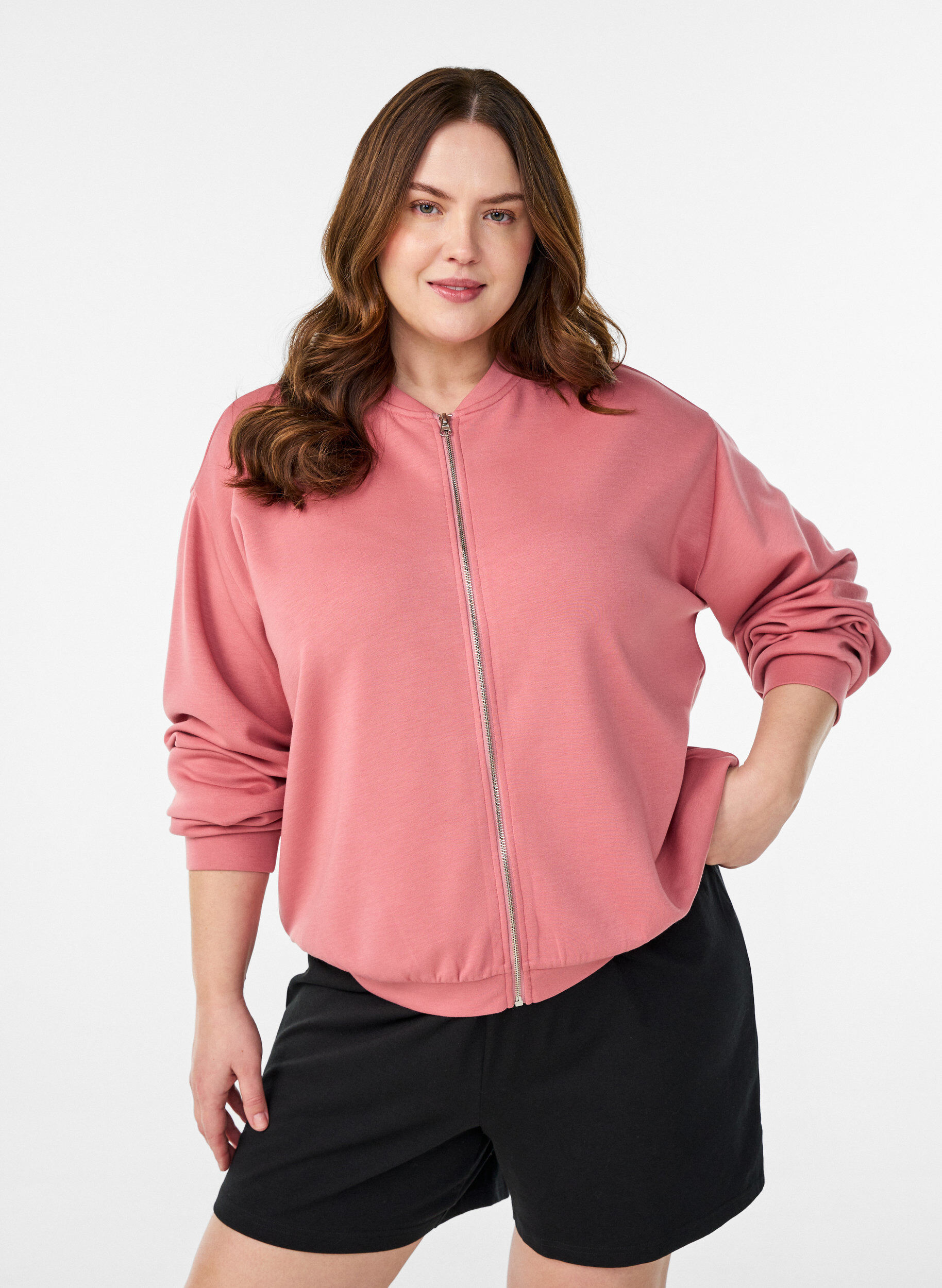 Zizzi Cardigan bomber zipp&eacute;, Rose poudr&eacute;e, Model image number 0