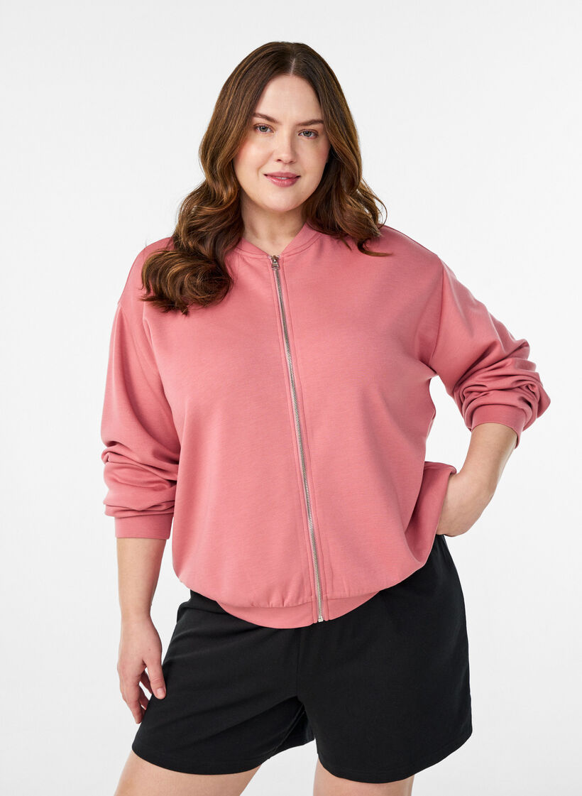 Cardigan bomber zipp&eacute;, Rose poudr&eacute;e, Model image number 0