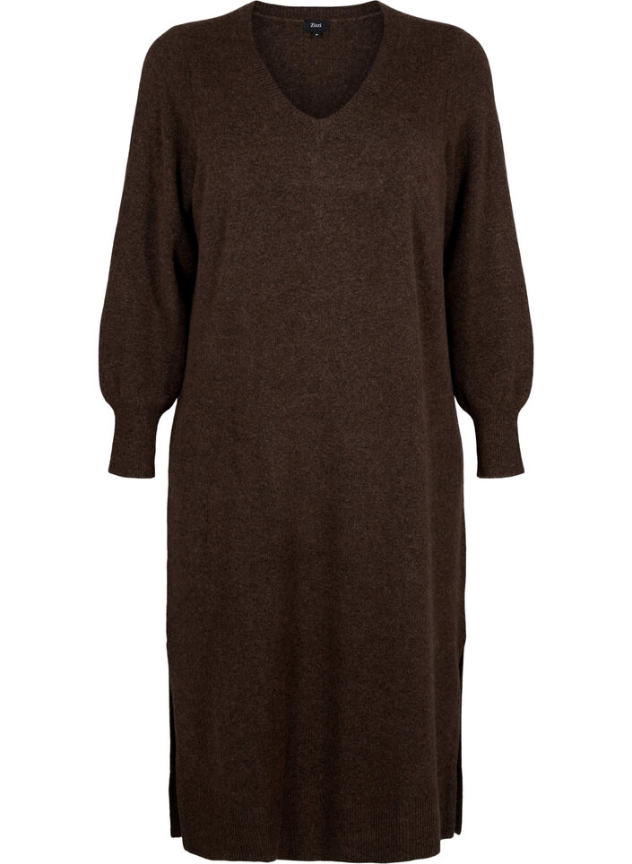 Robe en maille &agrave; manches longues et col en V, Marron, Packshot image number 0