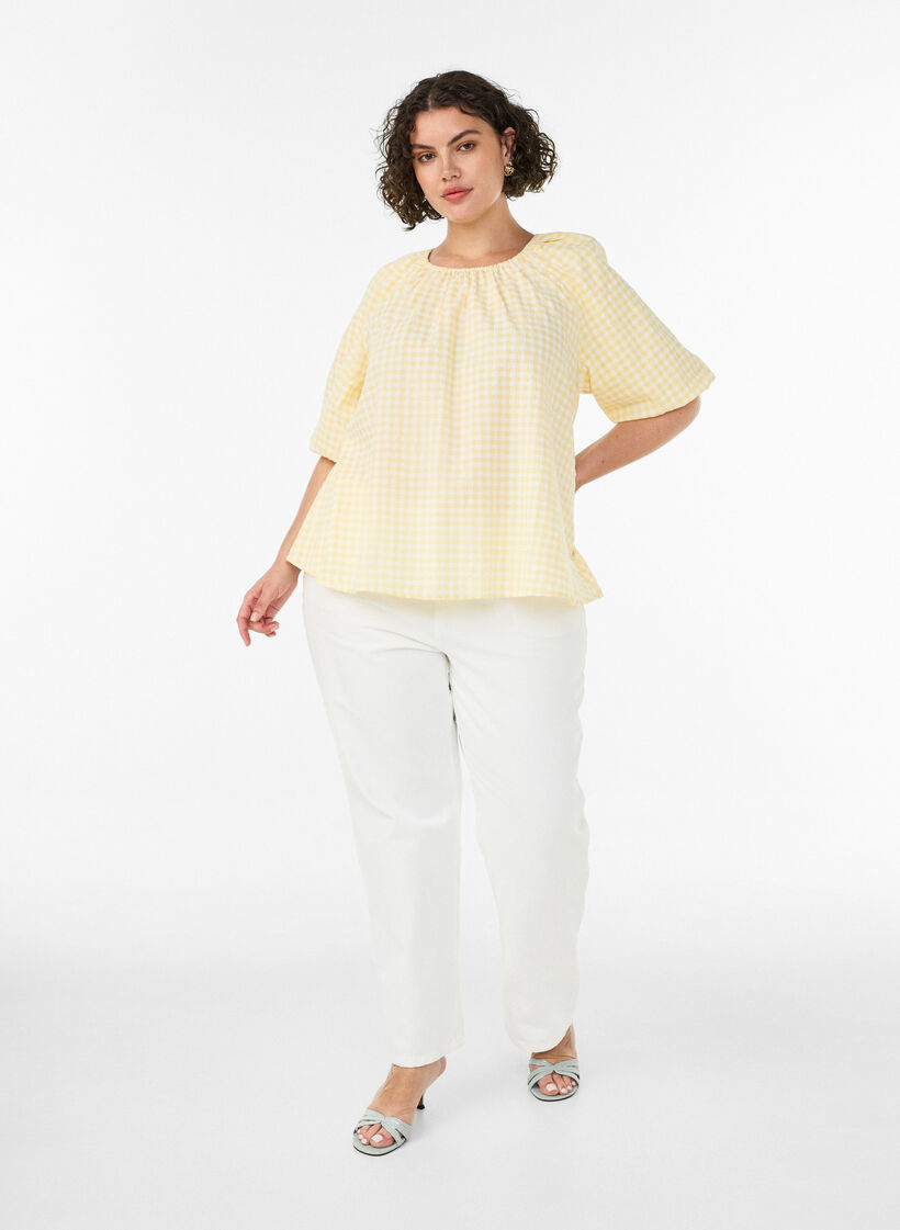 Blouse &agrave; petits carreaux avec une encolure &eacute;lastiqu&eacute;e et des manches coude, Jaune clair, Model image number 1