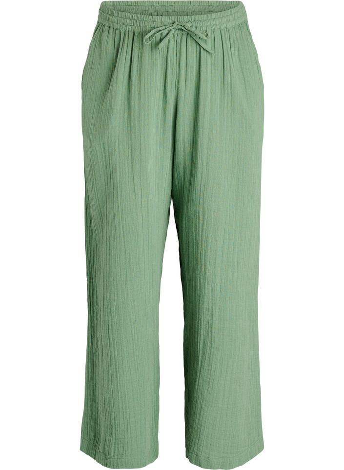 Pantalon taille haute en mousseline de coton &agrave; coupe ample, Vert, Packshot image number 0