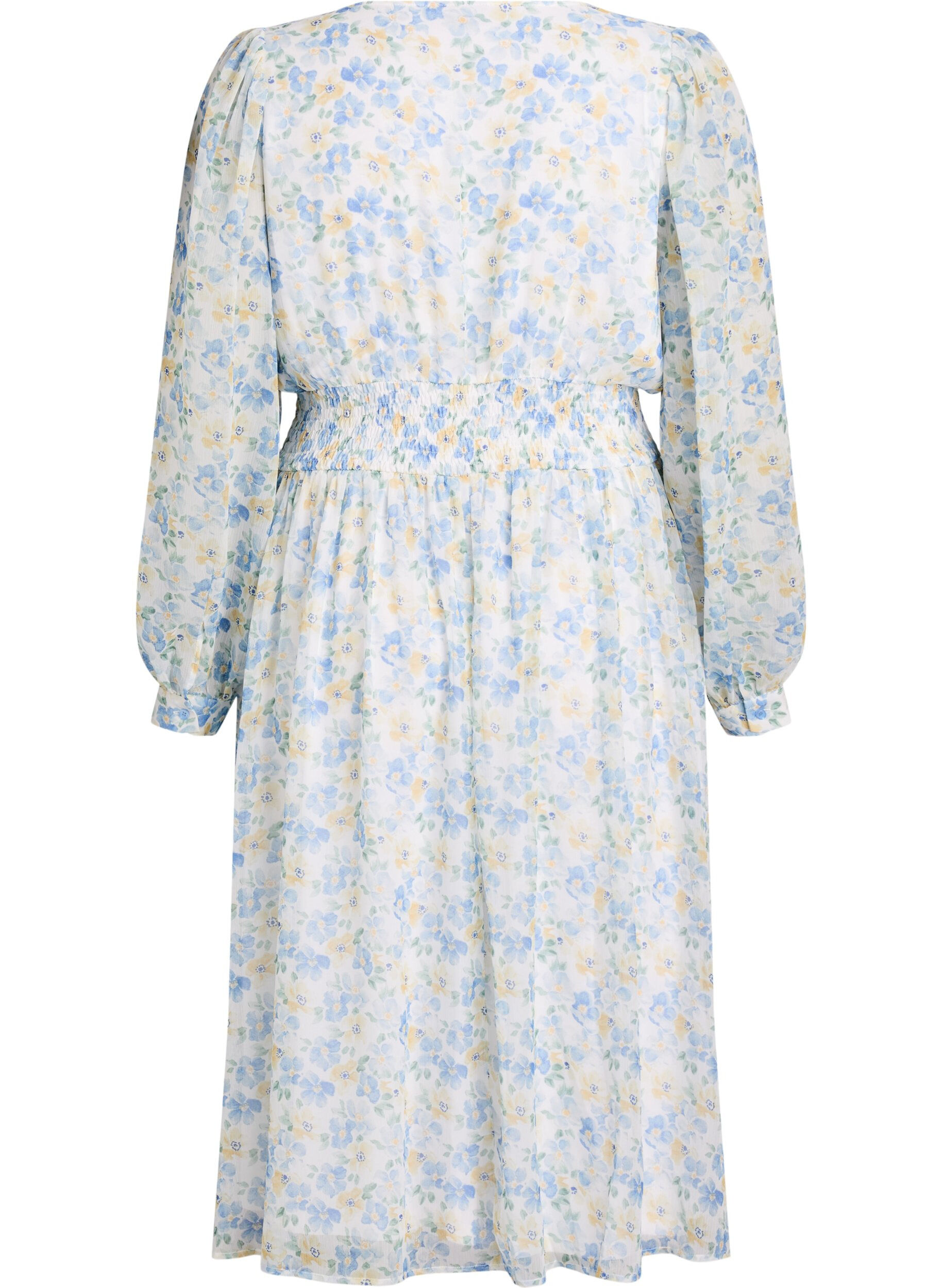 Zizzi Robe midi fleurie avec effet portefeuille et smocks, Bleu Clair, Packshot image number 1