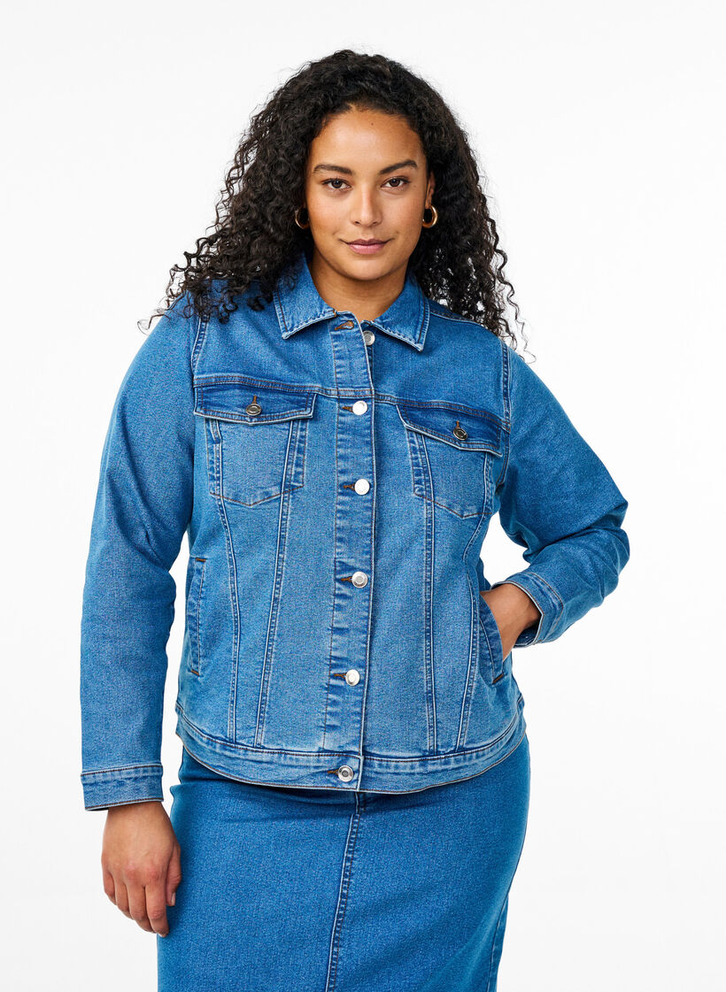 FLASH - Veste en jean en m&eacute;lange de coton extensible, Bleu, Model image number 0