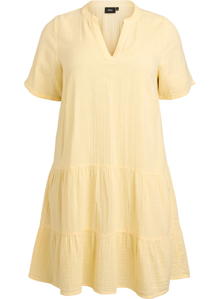 Robe courte &eacute;vas&eacute;e en mousseline de coton, Jaune clair, Packshot image number 0