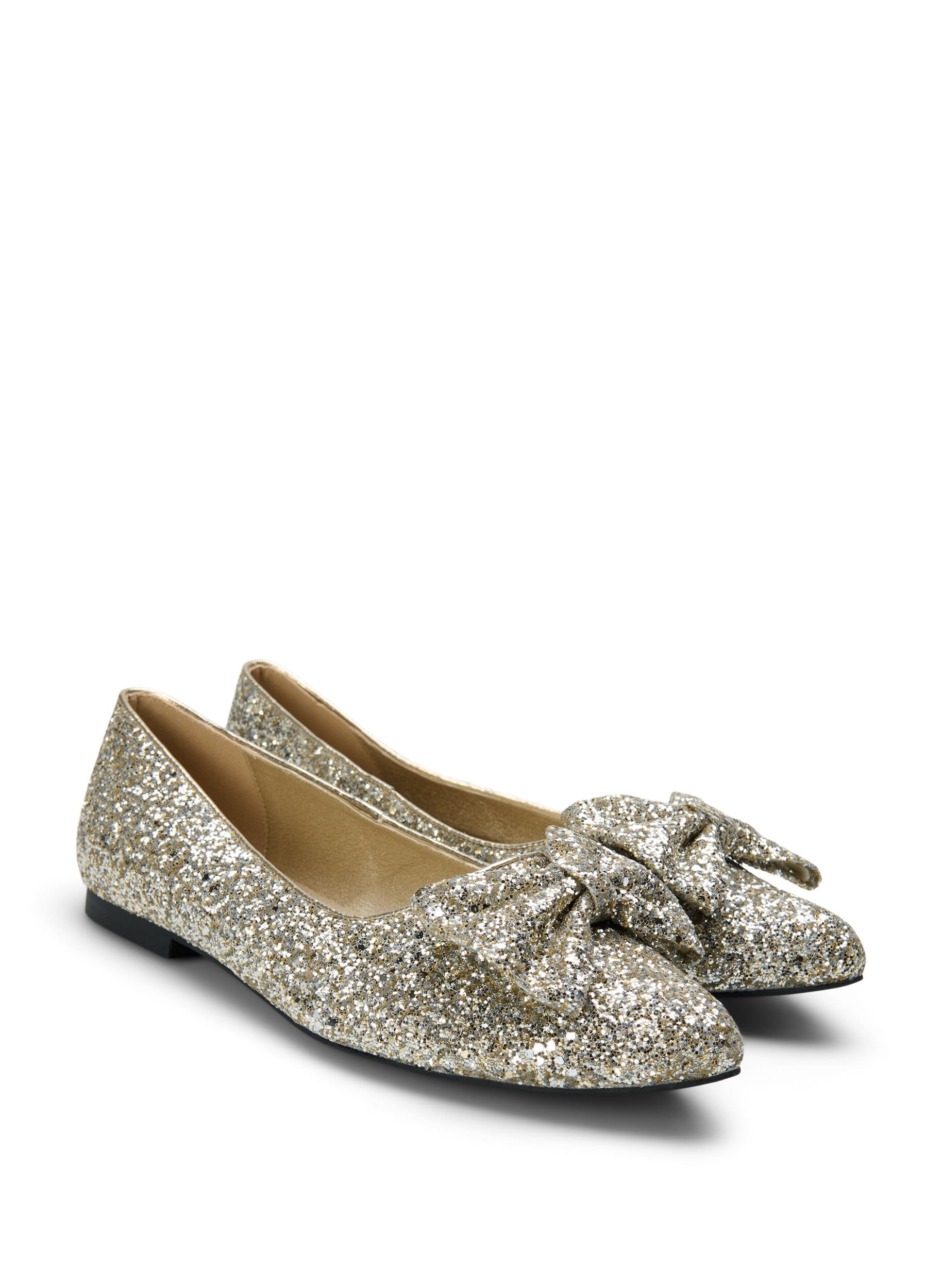 Zizzi Ballerines larges &agrave; paillettes avec n&oelig;ud, Gold Glitter, Packshot image number 1