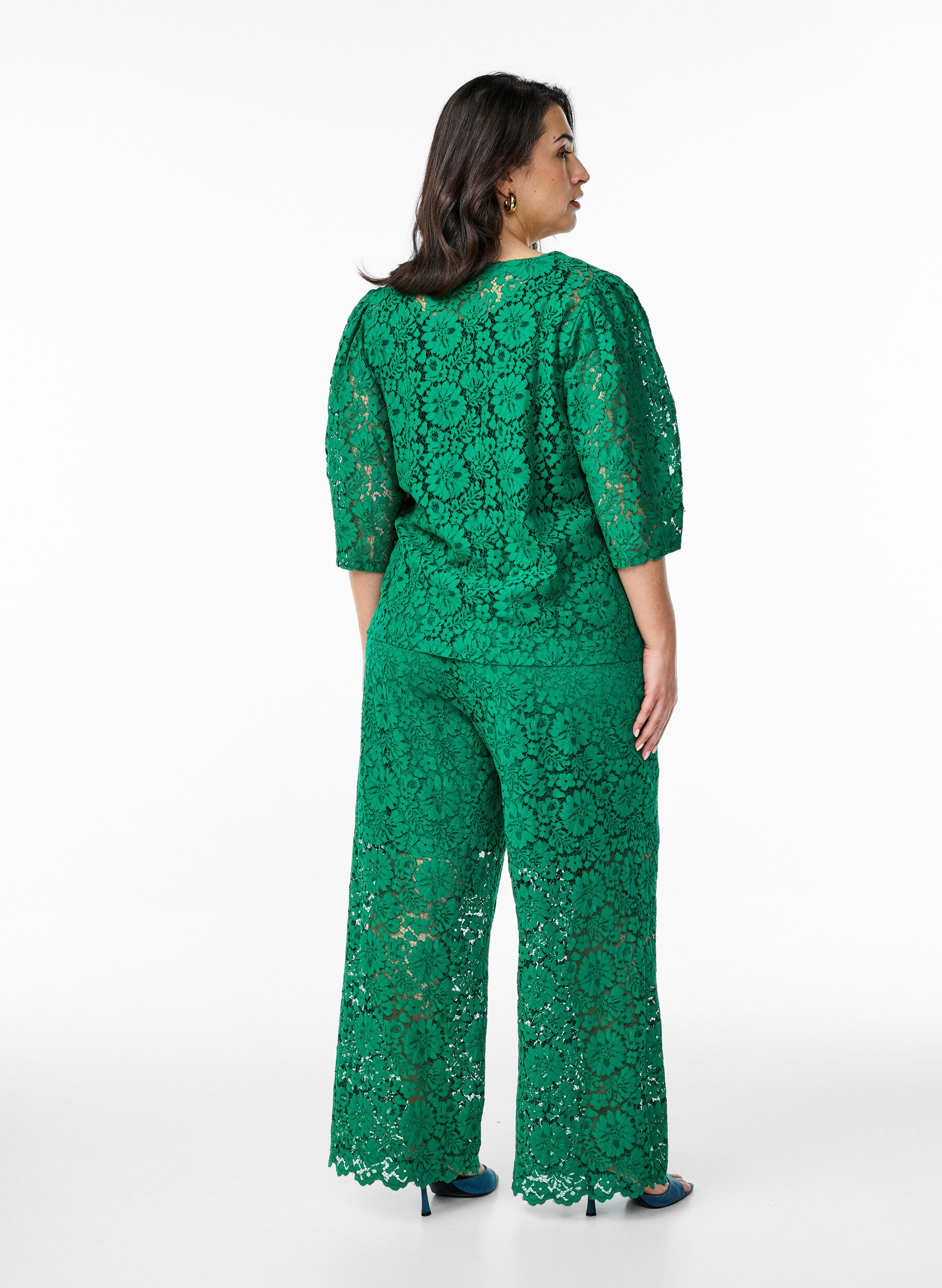 Zizzi Pantalon taille haute en dentelle et avec des poches, Vert, Model image number 1