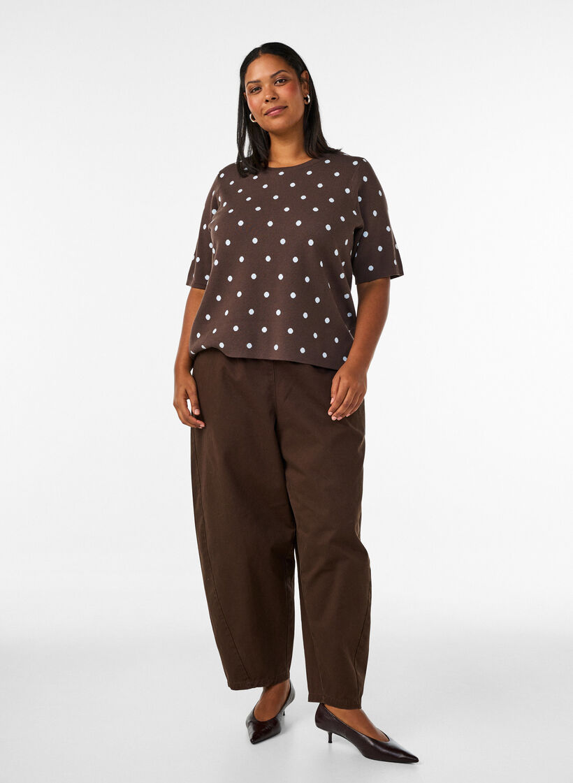 Blouse en maille &agrave; manches courtes &agrave; pois, Marron, Model image number 1