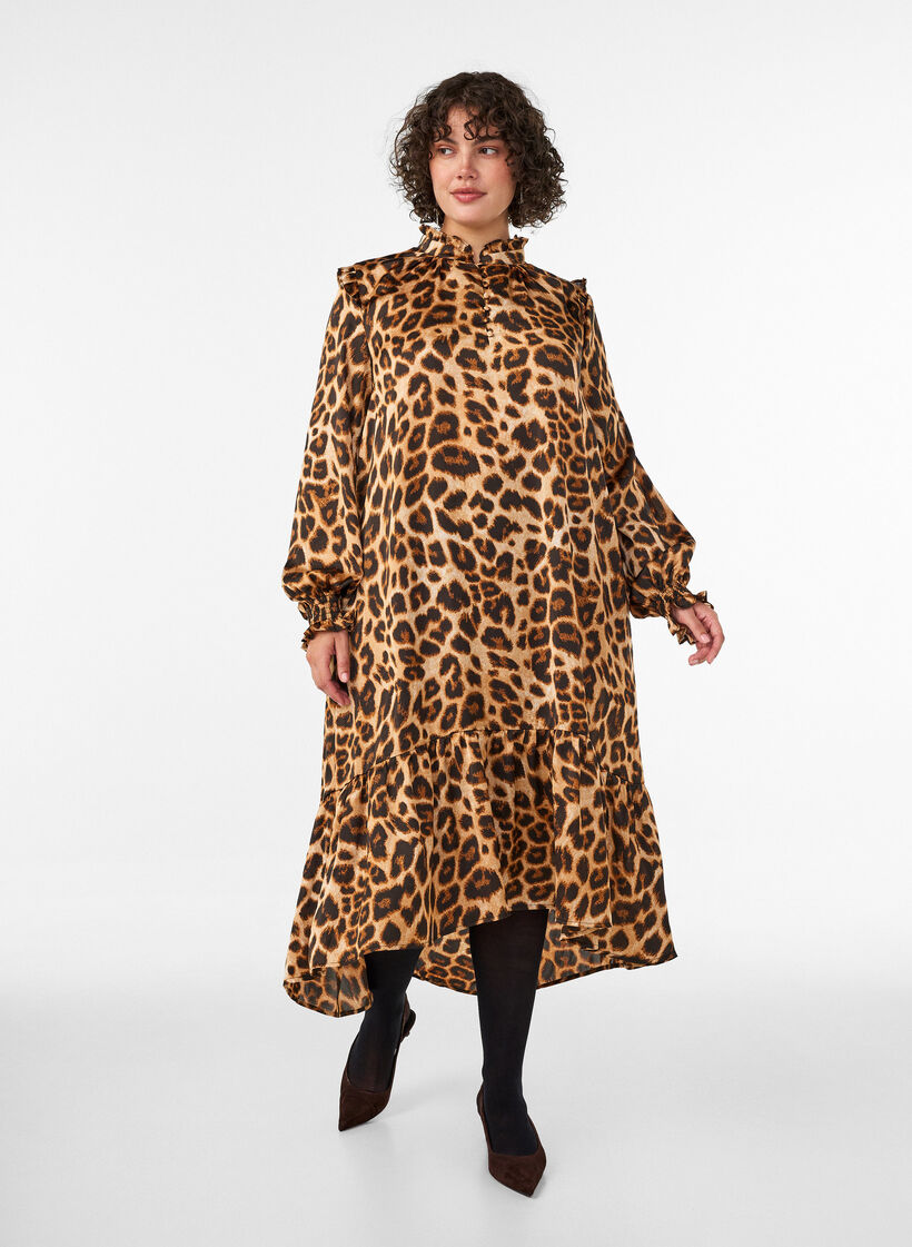 Robe &agrave; imprim&eacute; l&eacute;opard avec volants, Marron, Model