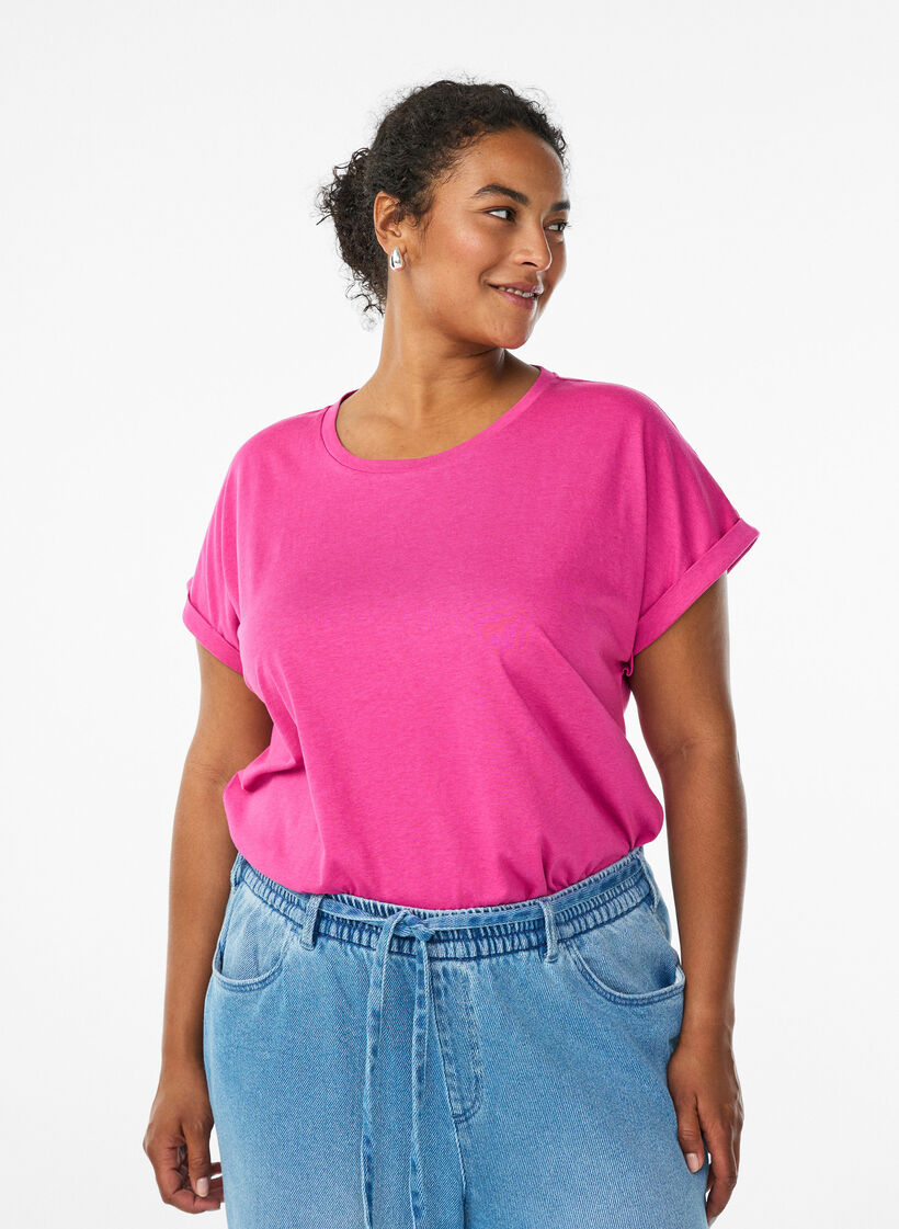 T-shirt &agrave; manches courtes en m&eacute;lange de coton, Rose, Model image number 0