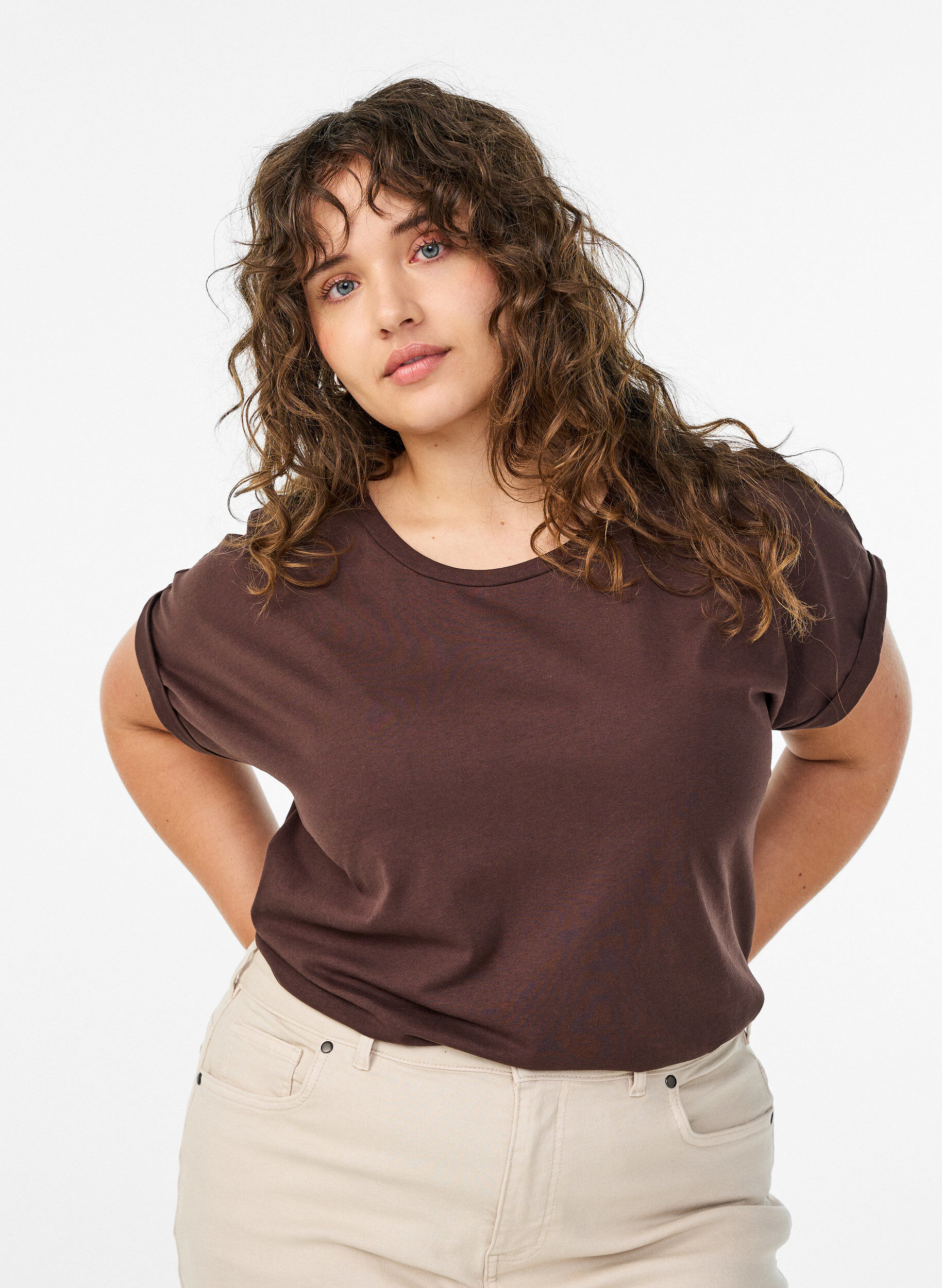 T-shirt &agrave; manches courtes en coton m&eacute;lang&eacute;, Marron, Model