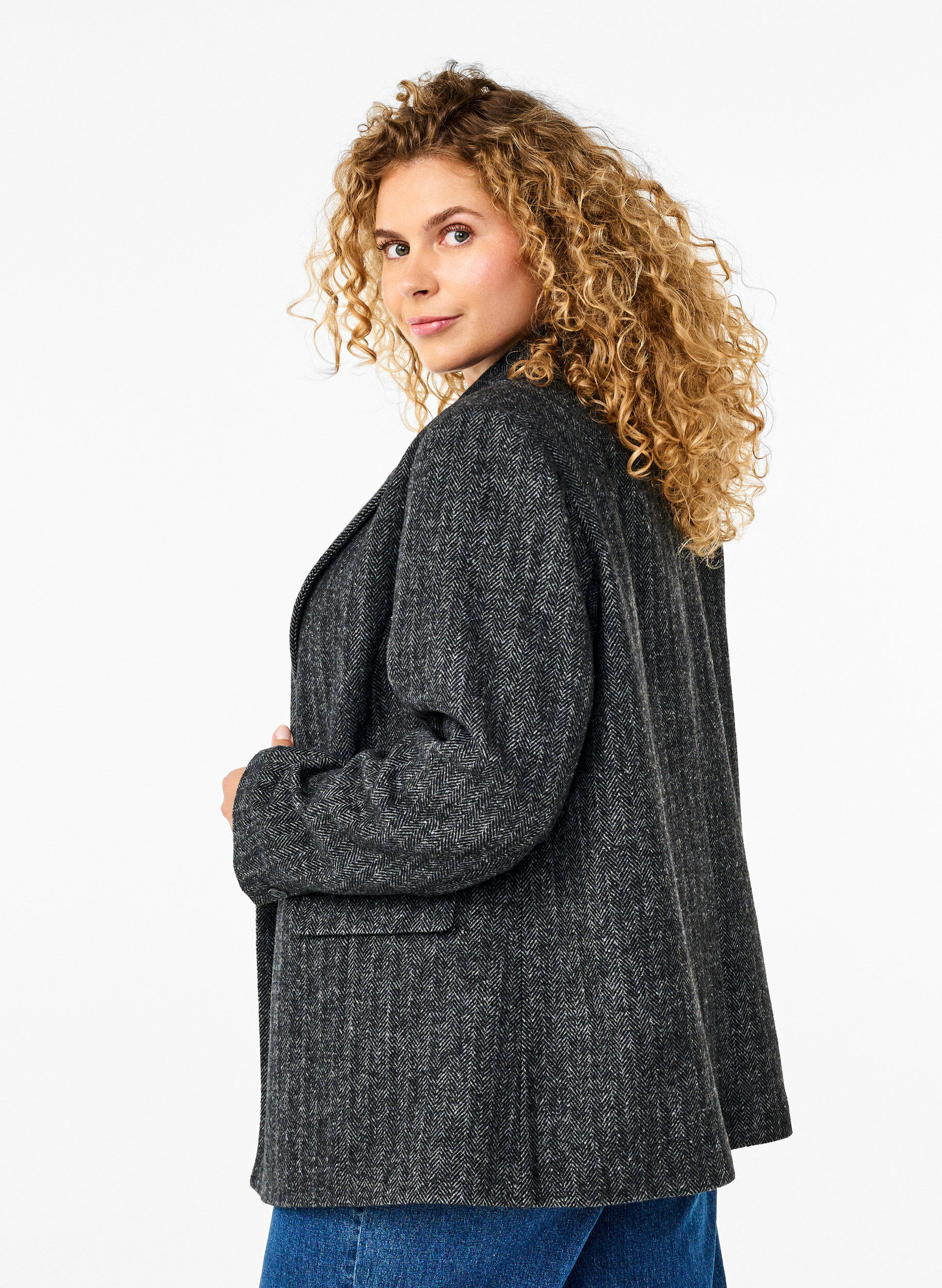 Zizzi Blazer en laine dot&eacute; de poches, Dark Grey Melange, Model image number 1