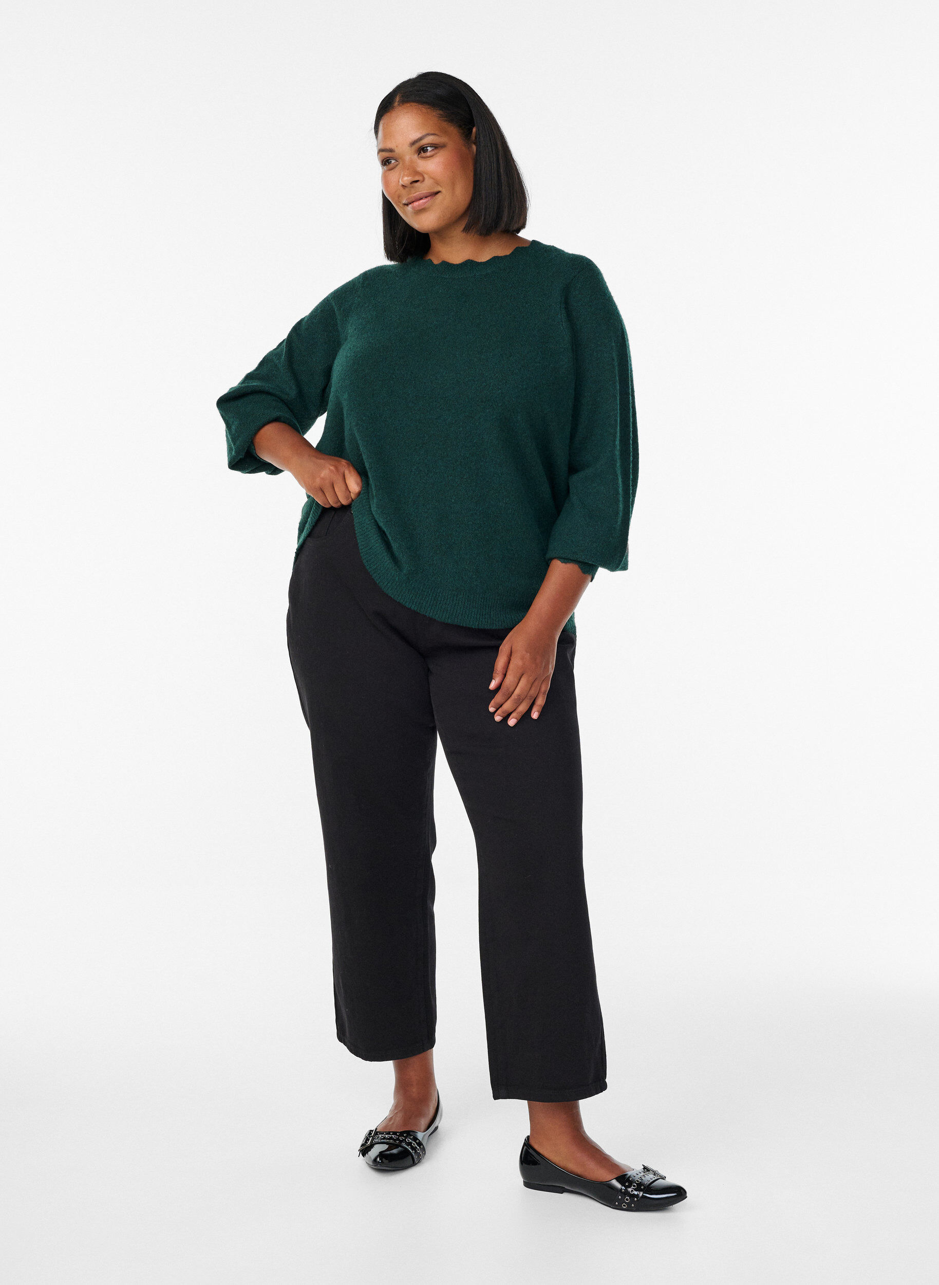 ZizziBlouse en maille &agrave; bords ondul&eacute;s, Vert fonc&eacute;, Model image number 1