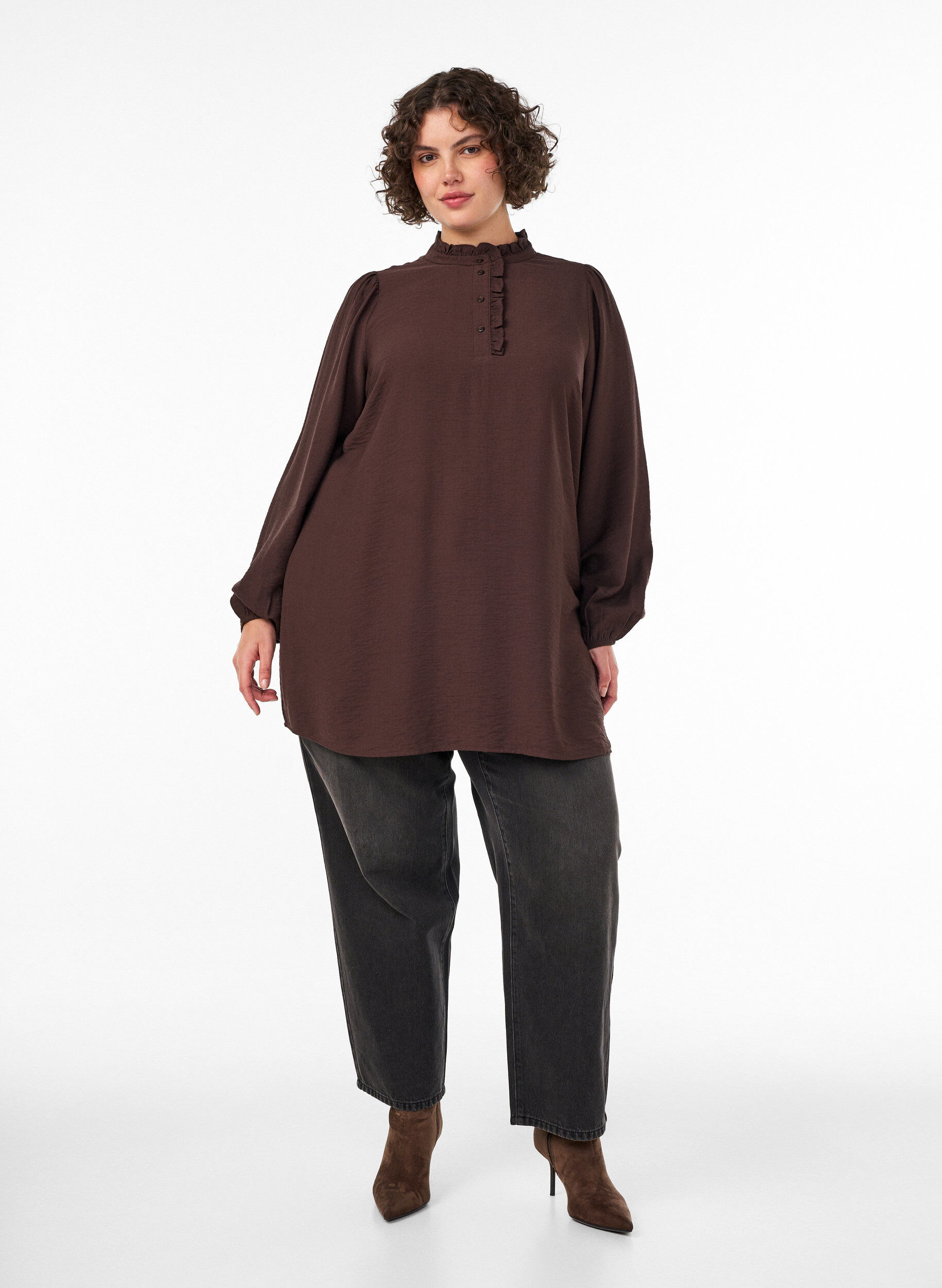 ZizziTunique en viscose avec volants et boutons, Marron, Model image number 1