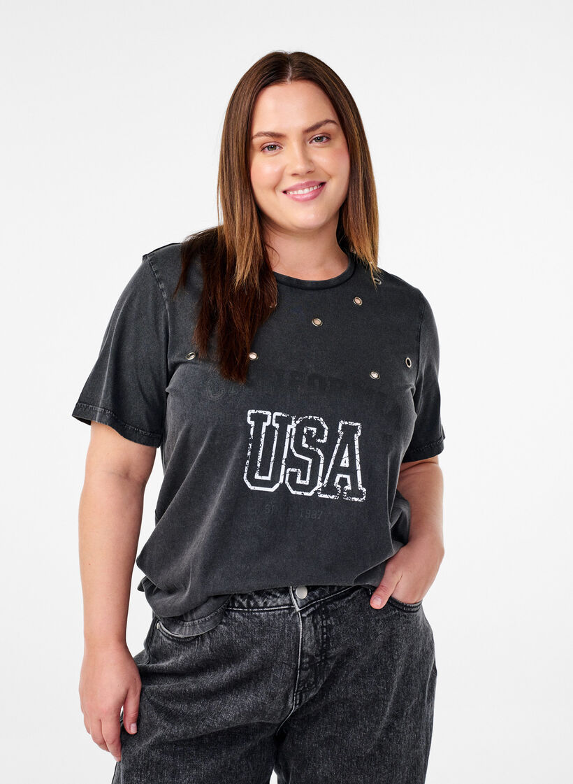 T-shirt avec œillets et imprimé, Grey Washed , Model image number 0