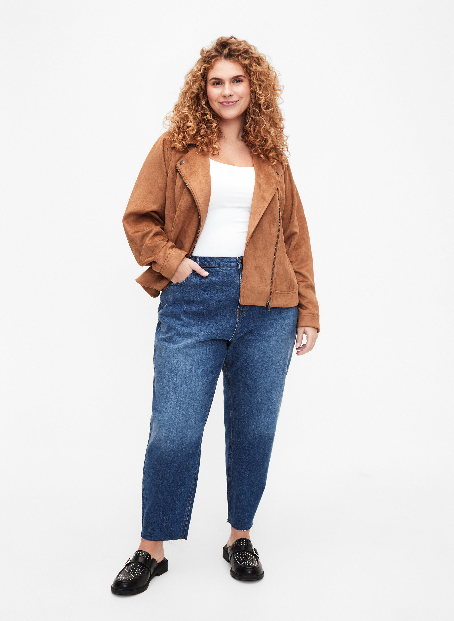 Zizzi Veste de motard en faux daim, Toasted Coconut, Model image number 1
