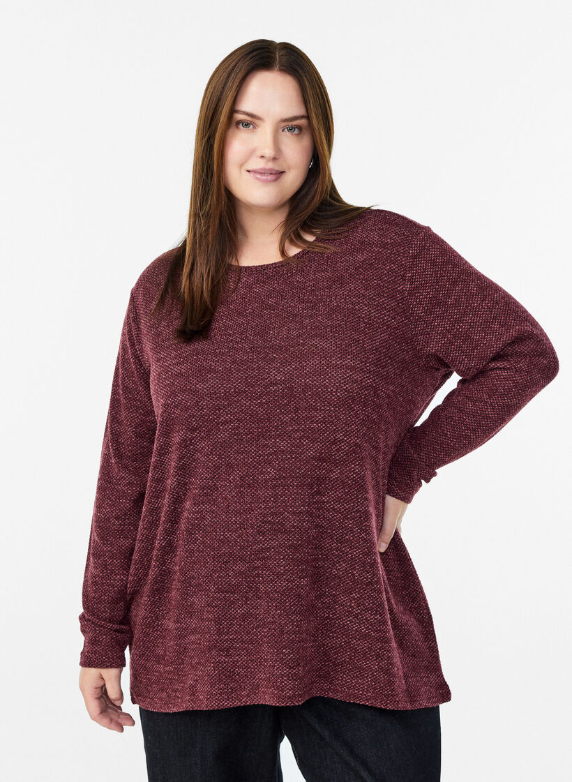 Blouse &agrave; manches longues avec texture, Bordeaux fonc&eacute;, Model image number 0