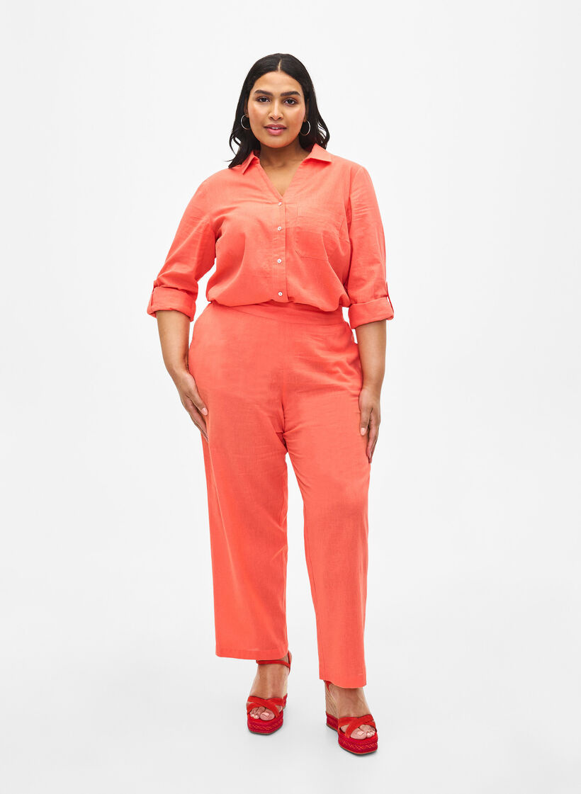 Pantalon ample en lin et coton mélangés, Living Coral, Model image number 0