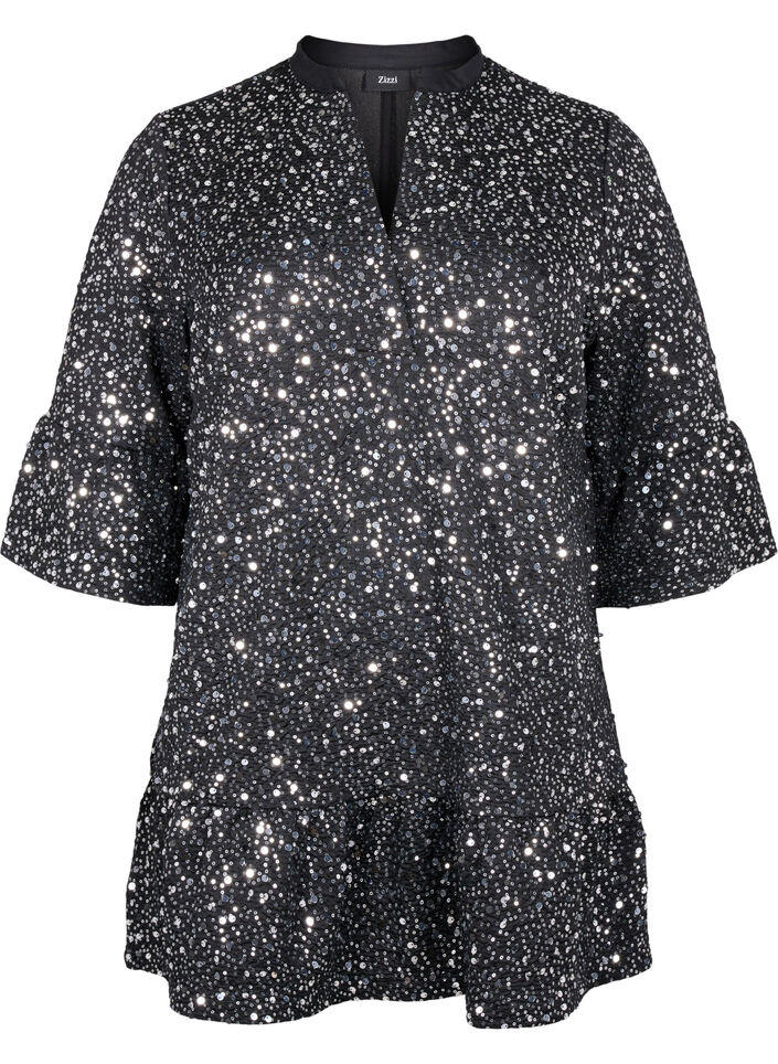 Robe à paillettes avec col en V et manches 3/4, Black w. Sequins, Packshot image number 0