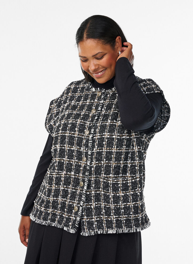 Gilet &agrave; carreaux avec boutons d&eacute;coratifs, Noir, Model image number 0