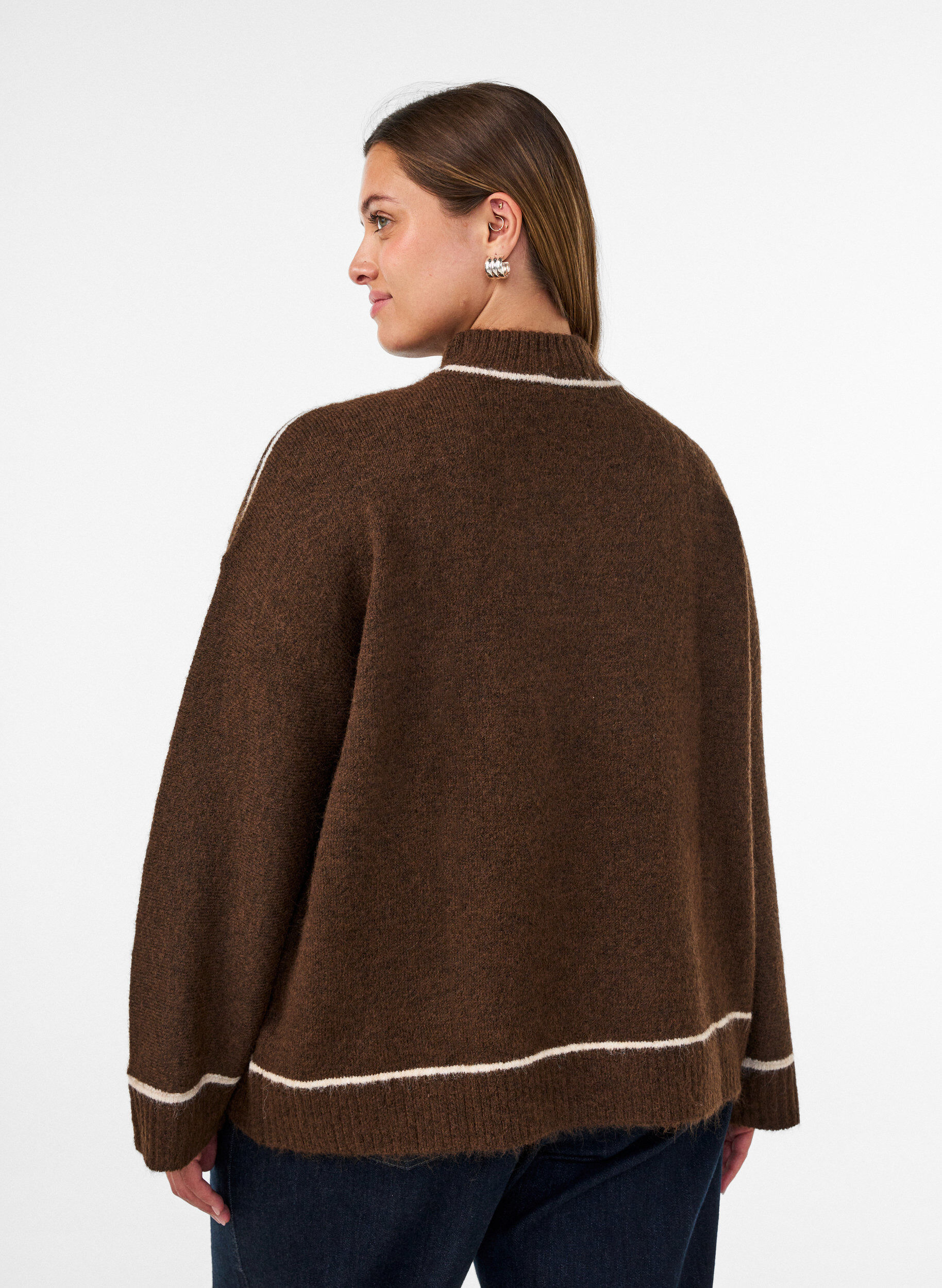ZizziPull en maille &agrave; col roul&eacute; et rayures contrastantes, Marron, Model image number 2
