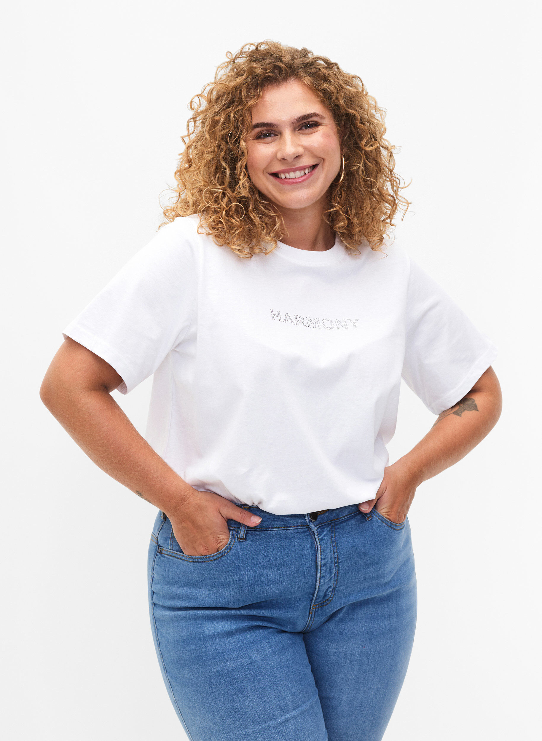 Zizzi T-shirt en coton biologique avec texte, White HARMONY, Model image number 0