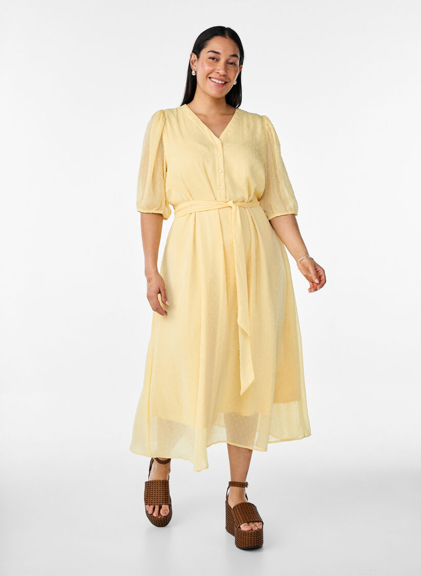 Robe midi &agrave; encolure en V avec attaches &agrave; nouer, Jaune clair, Model image number 0