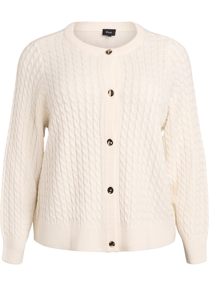 Cardigan en maille torsad&eacute;e avec boutons dor&eacute;s, Vanille, Packshot