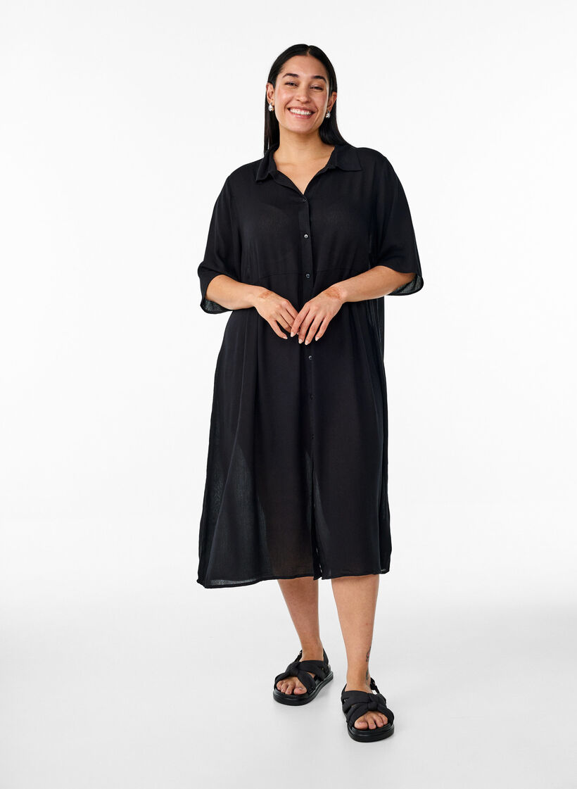 Robe chemise mi-longue &agrave; manches courtes, Noir, Model image number 0