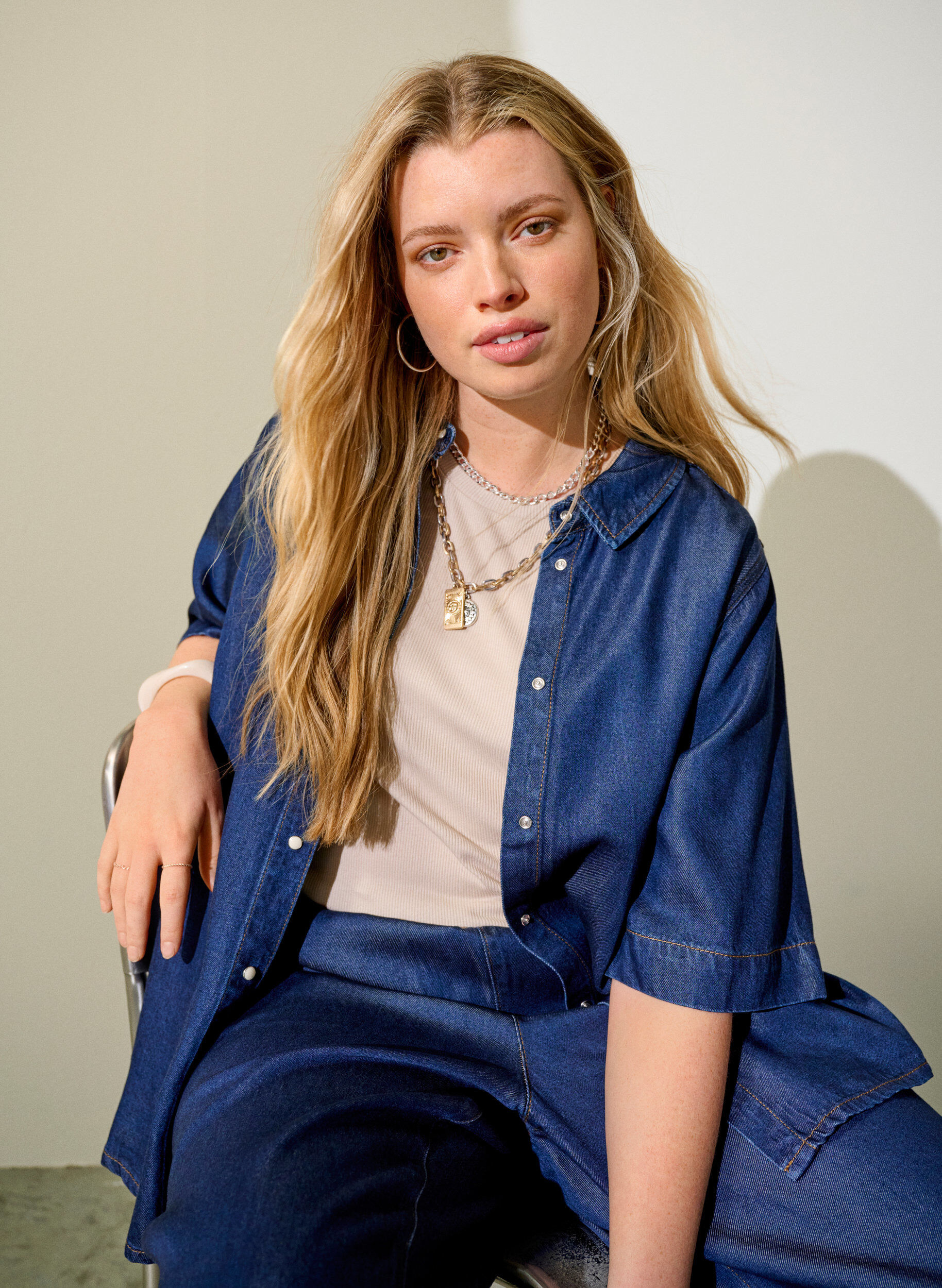 Chemise &agrave; manches courtes aspect denim en lyocell