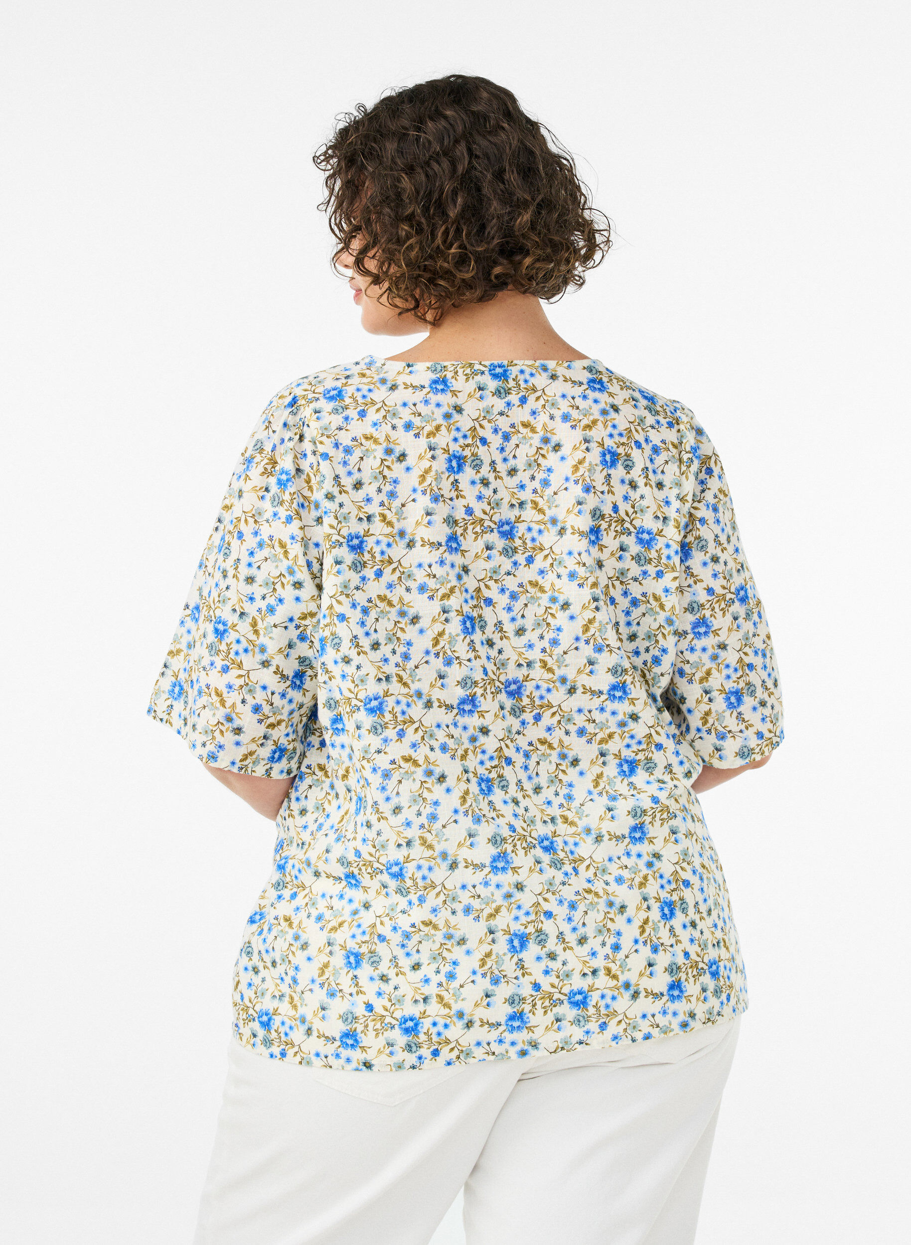 ZizziChemise en coton &agrave; manches courtes avec col V, Bleu, Model image number 2