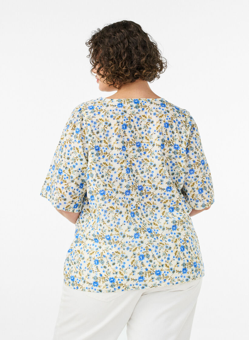 Chemise en coton &agrave; manches courtes avec col V, Bleu, Model