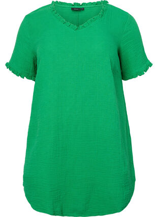 Tunique en coton à manches courtes avec volants, Bright Green, Packshot image number 0