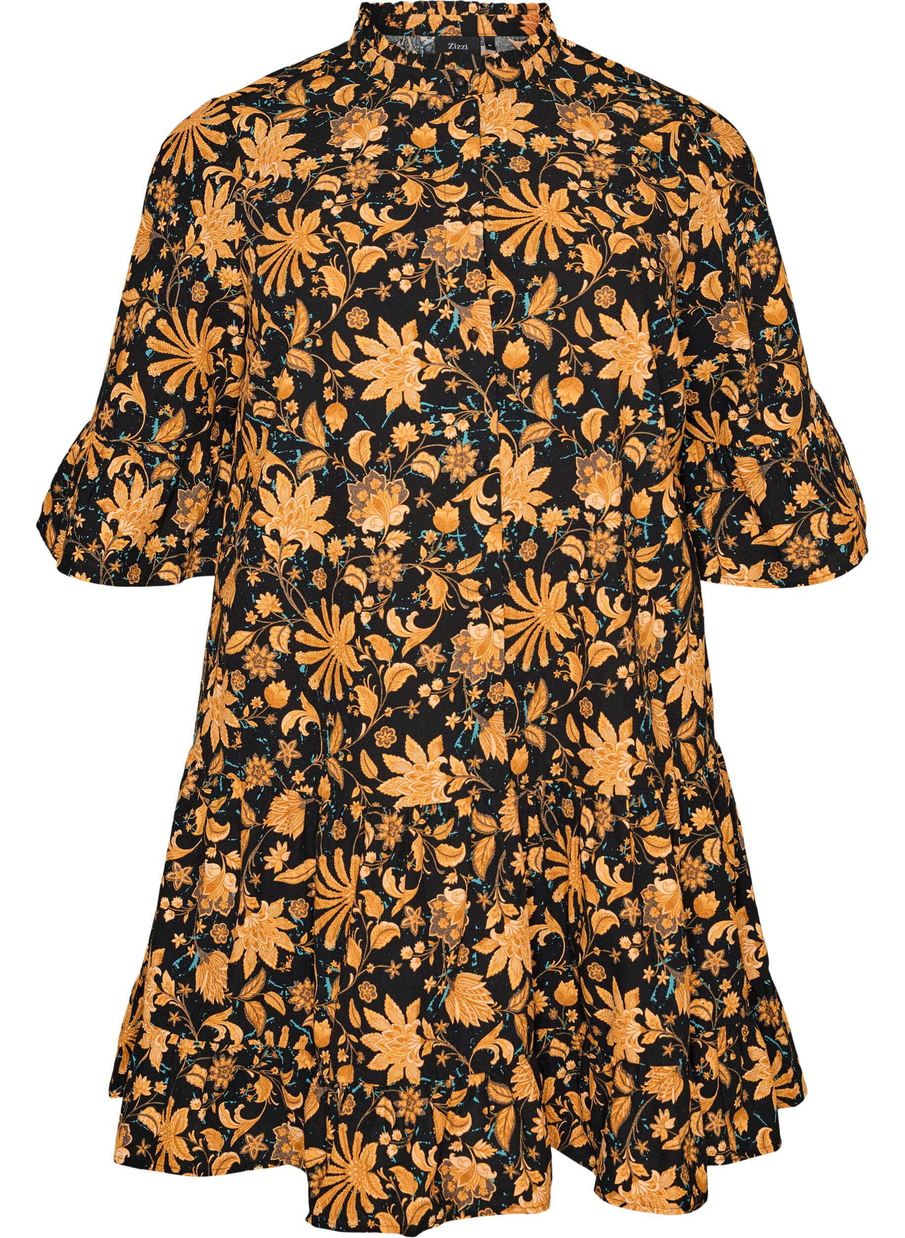Robe florale en coton avec volants et coupe &eacute;vas&eacute;e ample