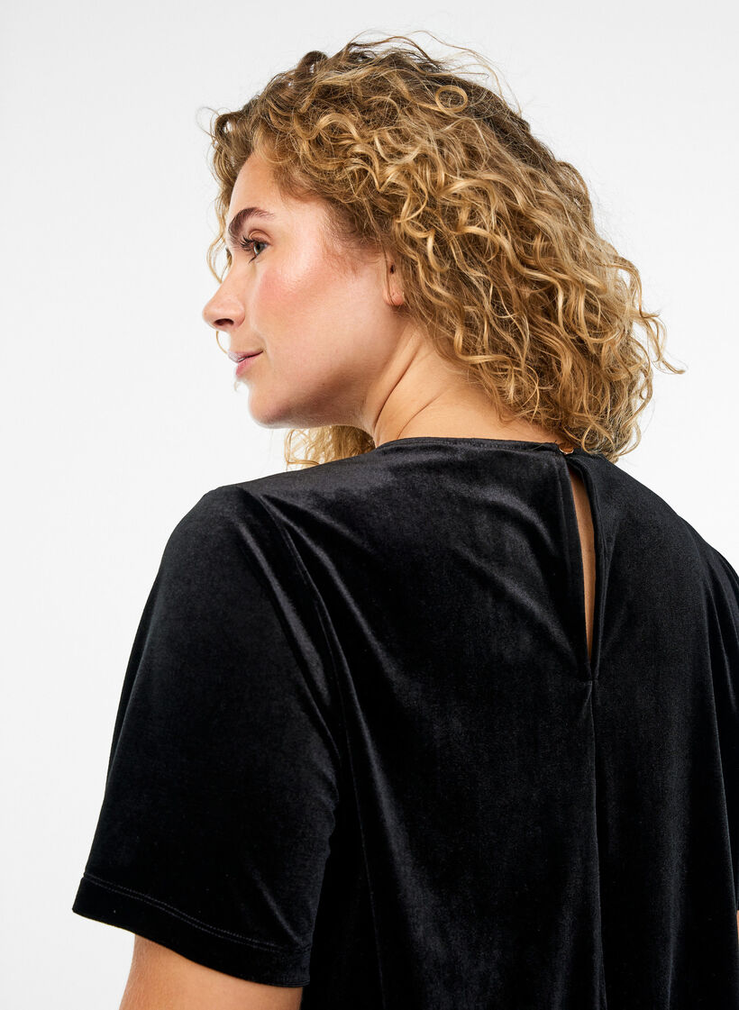 Haut à manches courtes en velours, Noir, Model image number 3