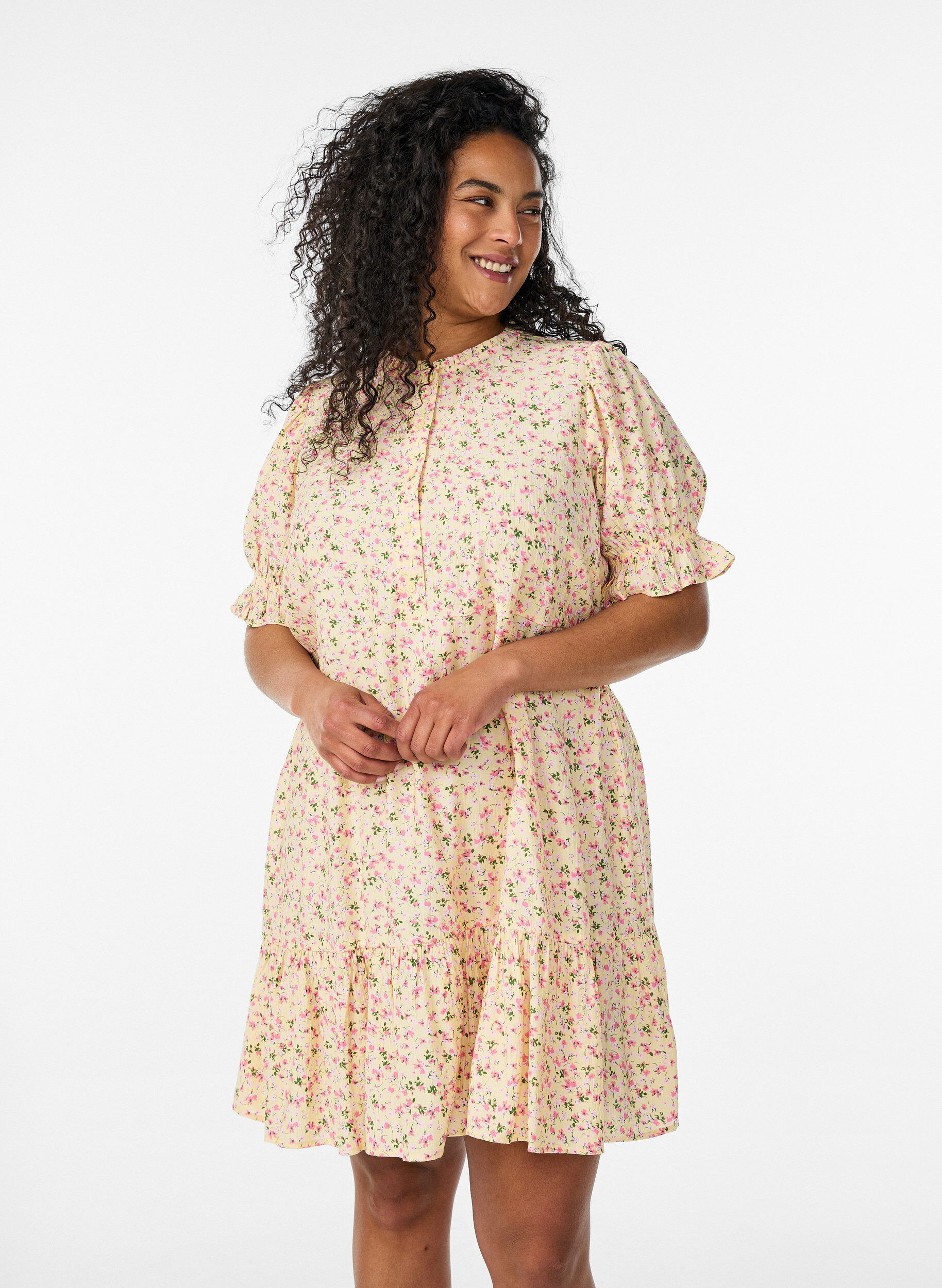 ZizziRobe courte en viscose avec volants, Jaune, Model image number 0