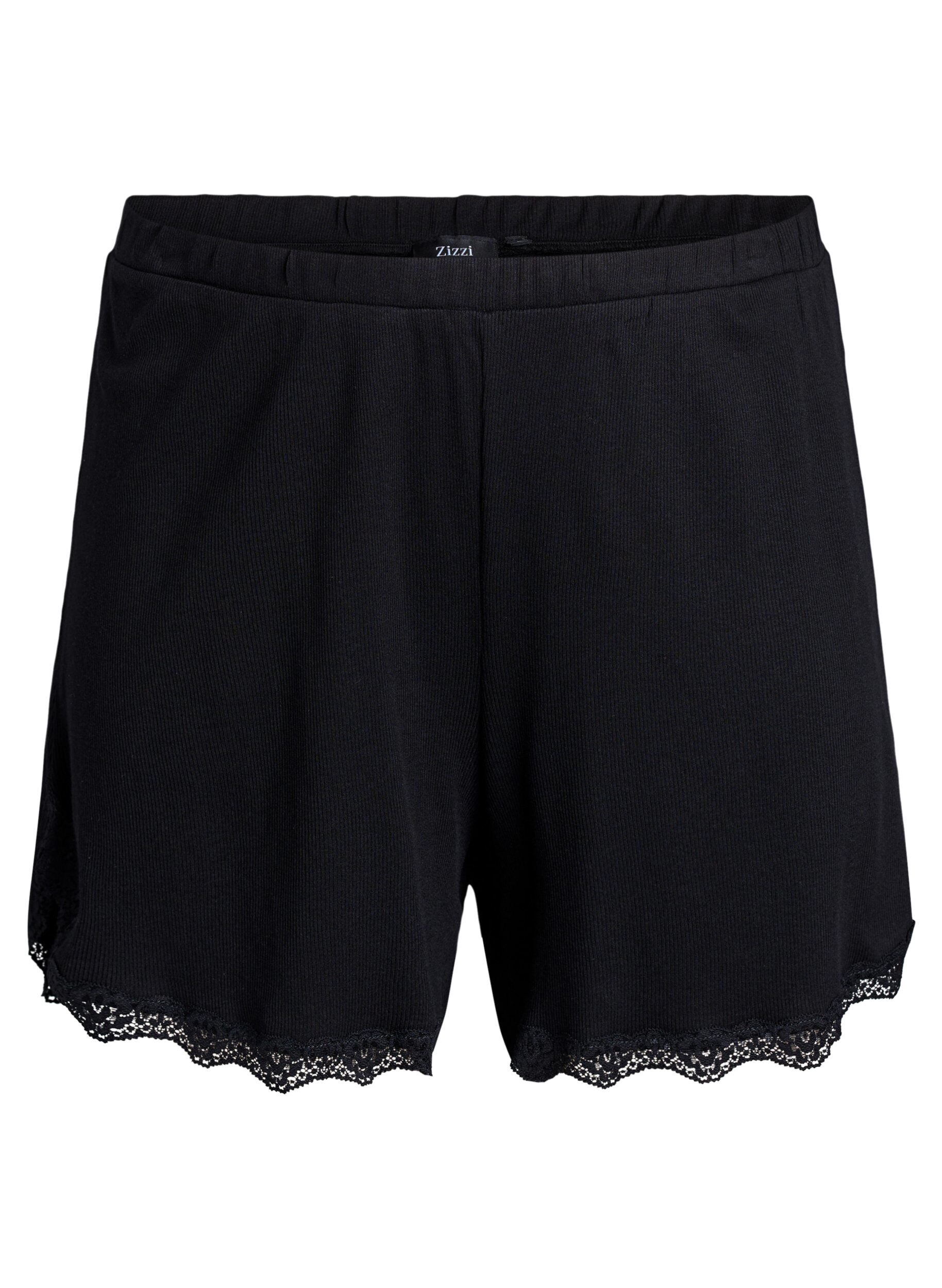Zizzi Short de nuit ample &agrave; texture c&ocirc;tel&eacute;e et bordure en dentelle, Noir, Packshot image number 0
