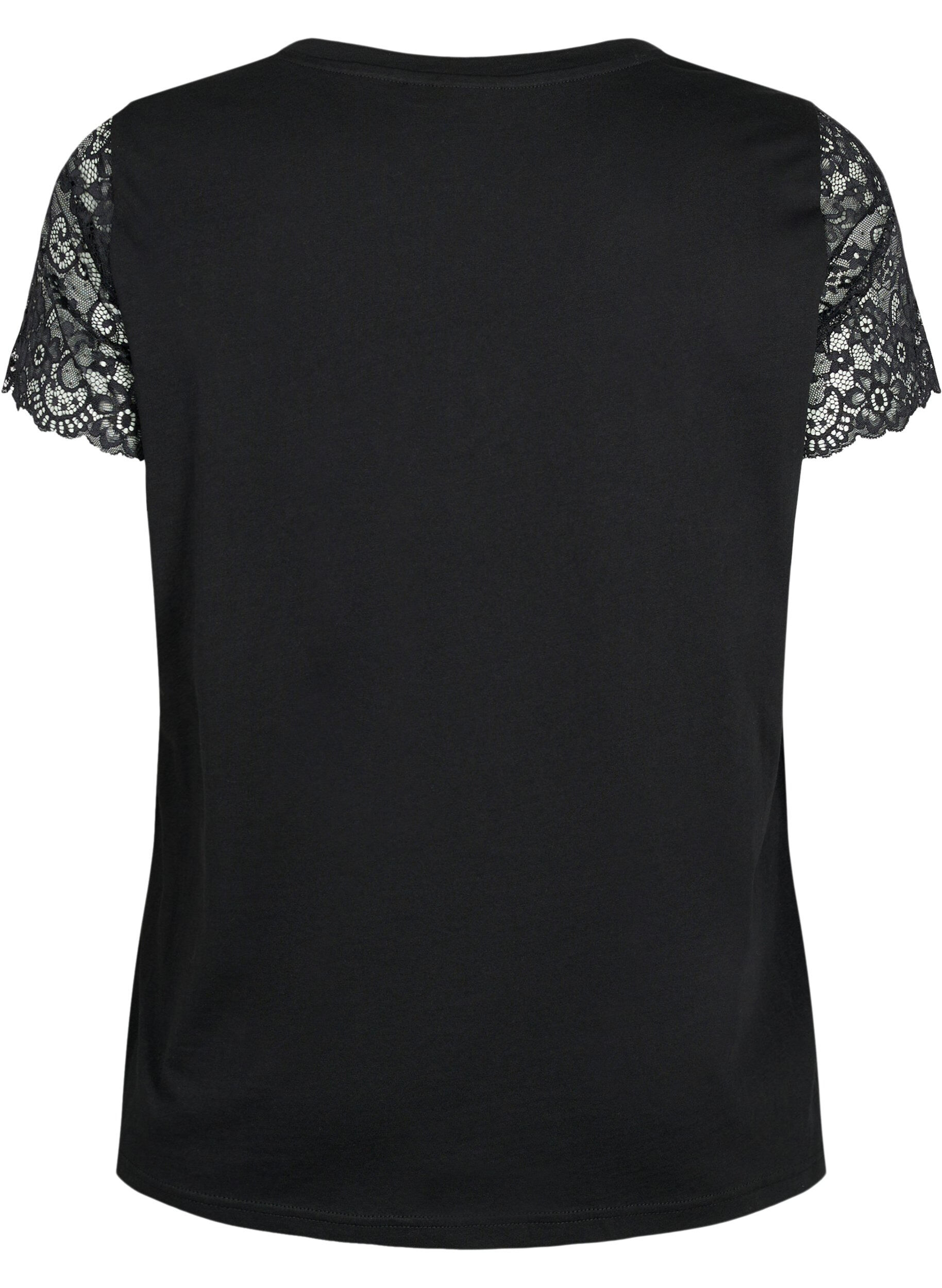 Zizzi T-shirt en coton avec manches courtes en dentelle, Noir, Packshot image number 1