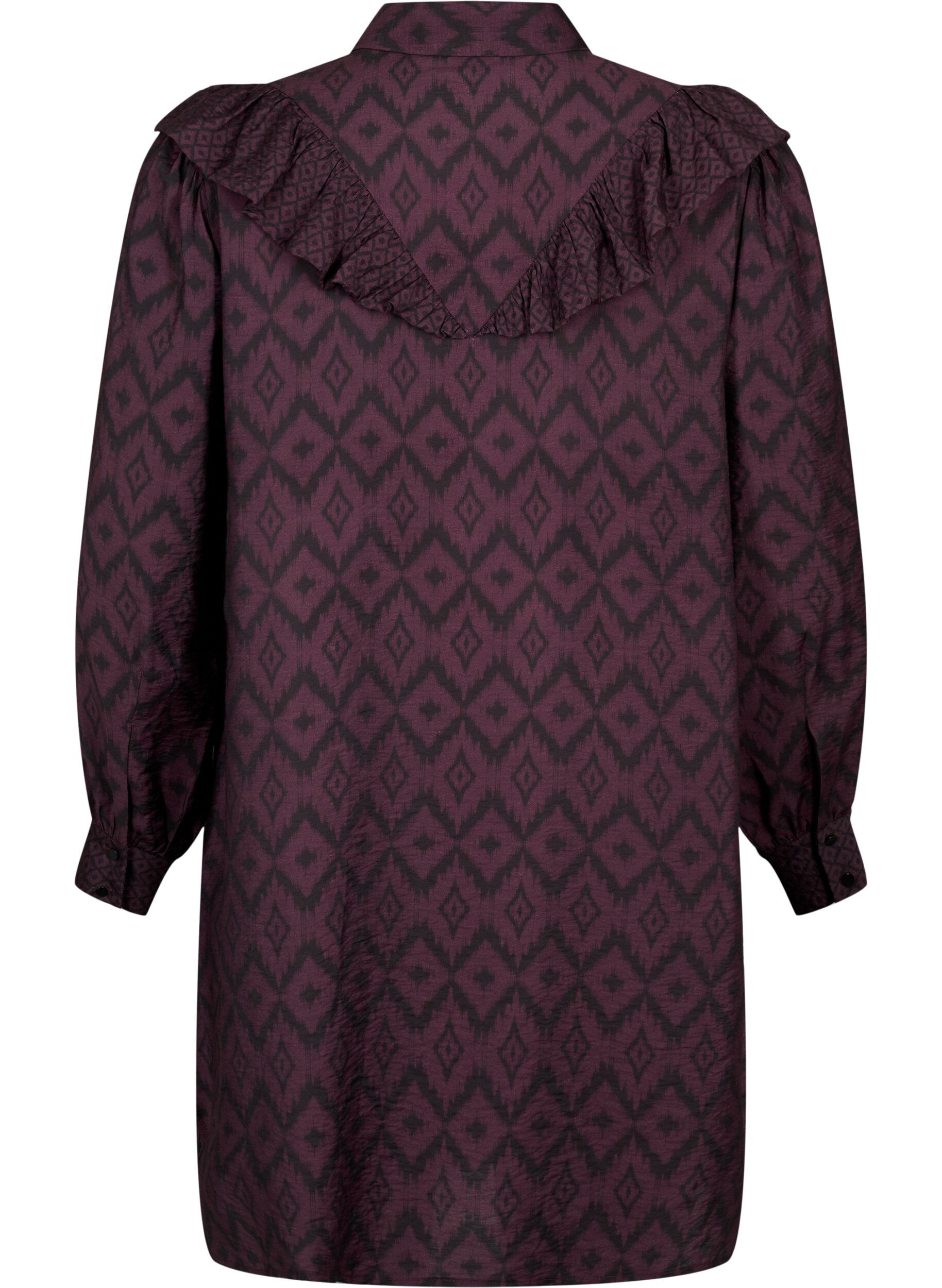 Zizzi Chemise longue en viscose avec imprim&eacute; et volants, Winetasting w. Black, Packshot image number 1