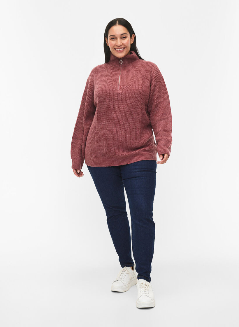 Pull en tricot avec col haut et fermeture &eacute;clair, Rose poudr&eacute;e, Model image number 1