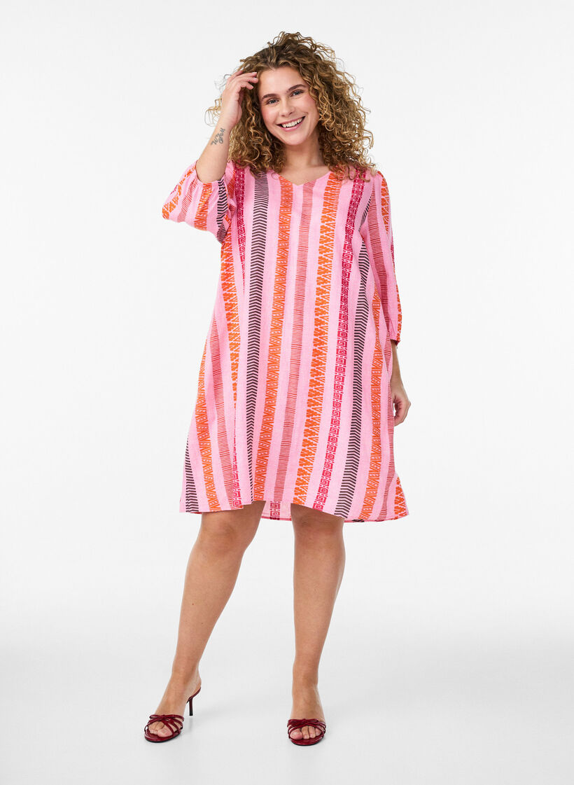 Robes courtes en lin et viscose &agrave; manches 3/4, Rose, Model image number 1