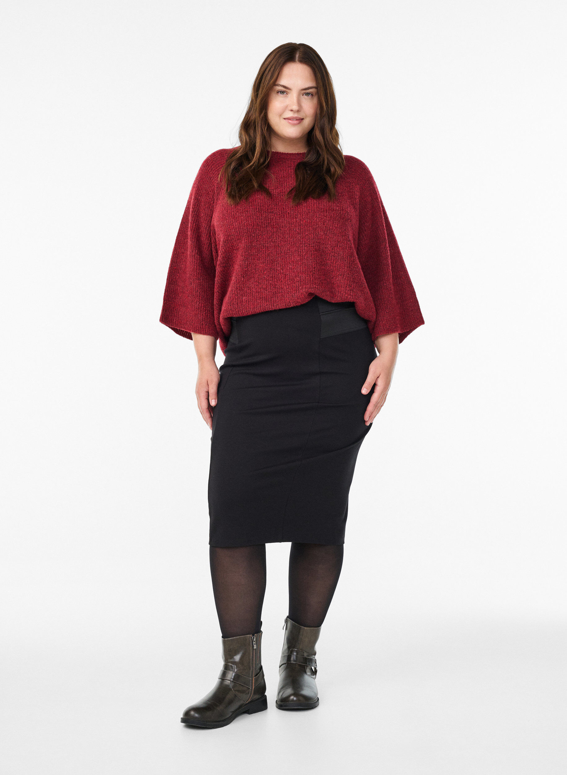 Jupe moulante avec &eacute;lastique &agrave; la taille, Noir, Model