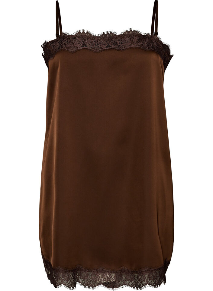 Haut long en satin bord&eacute; de dentelle, Marron, Packshot image number 0