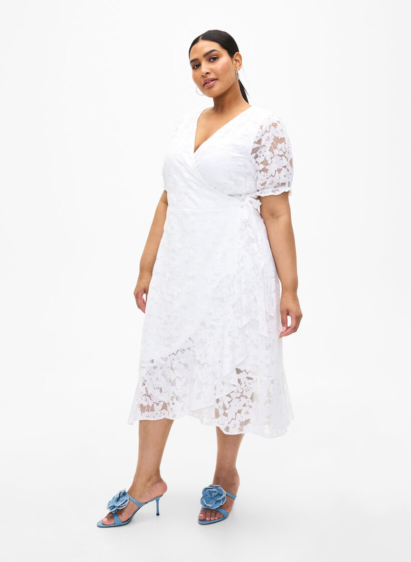 Robe cache-cœur avec dentelle et manches courtes, Bright White, Model image number 3