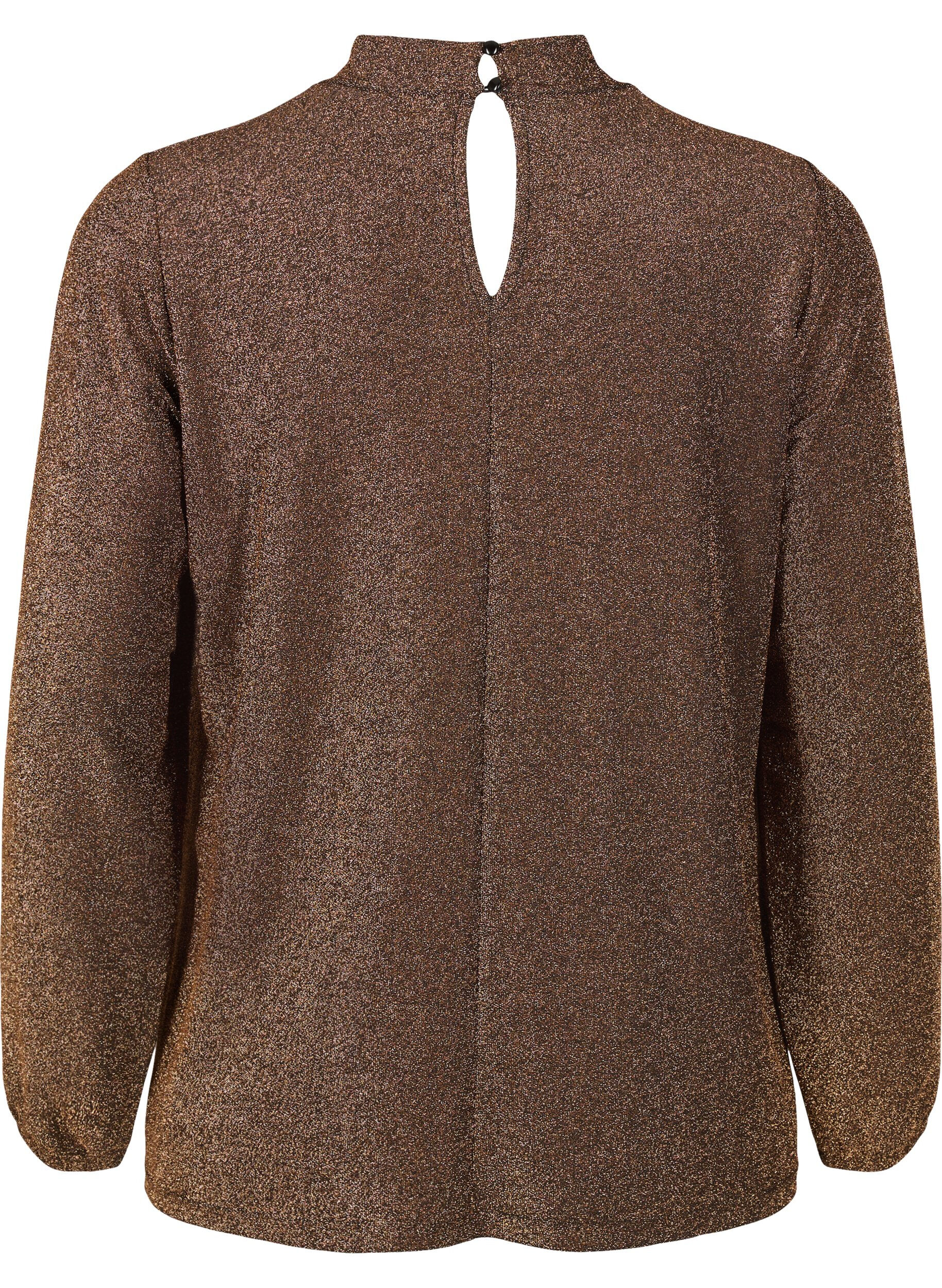 Zizzi Blouse scintillante &agrave; manches longues avec d&eacute;collet&eacute; arrondi et d&eacute;tail en V, Black Copper, Packshot image number 1