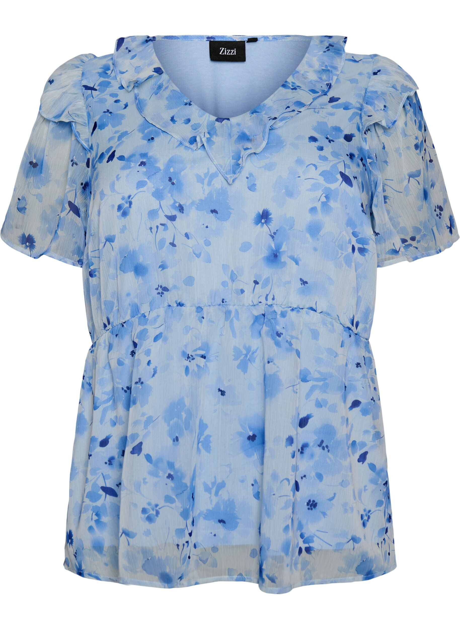 Zizzi Blouse fleurie avec col &agrave; volants et effet peplum, Bleu, Packshot image number 0